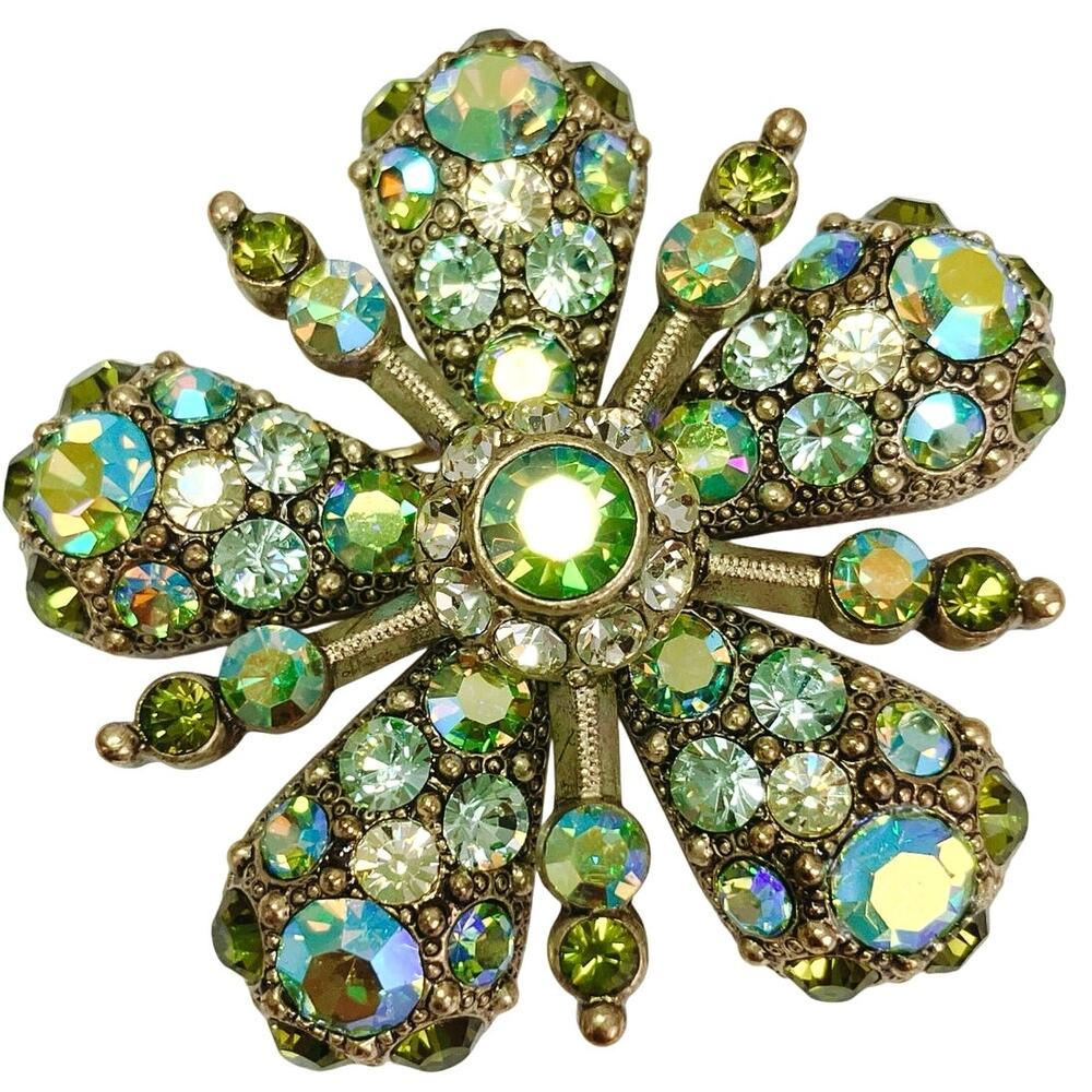 VTG Signed Joan Rivers Green Aurora Borealis Flower Brooch Gold Tone Sparkling
